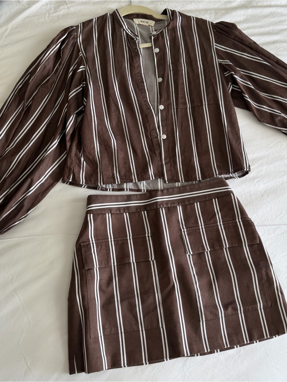 Matin Striped Brown Two-Piece Set - Button Front Top & Mini Skirt - Picture 2 of 3